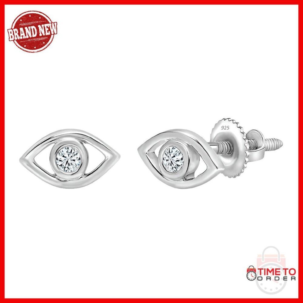 Sterling Silver Diamond Stud Earrings 0.08ct Bezel Set Screw Back